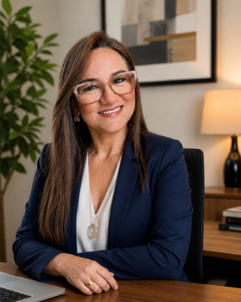 Lilian Maria, terapeuta integrativa, sentada à escrivaninha do seu consultório